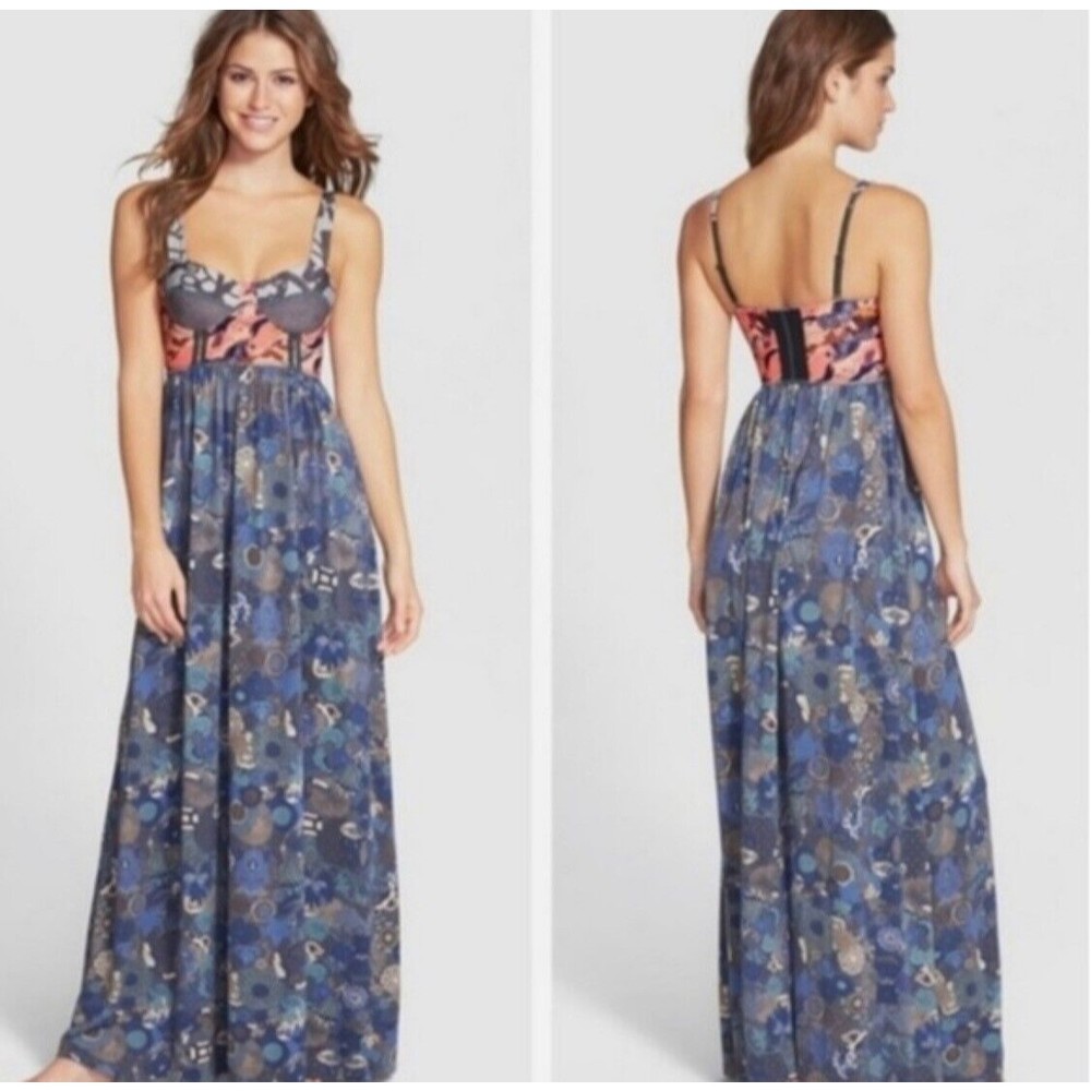 Maaji Womens Medium Navy Blue Contrast Fancy Gallop Maxi Dress Sleeveless Floral